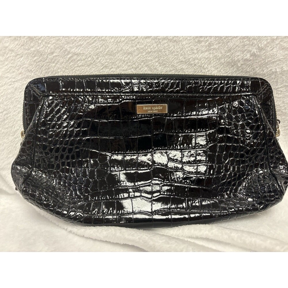 Kate Spade New York Black Patent Croc Embossed Shoulder Clutch Bag Gold Hardware